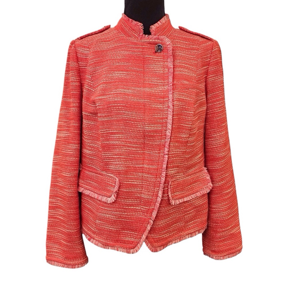 CHICOS Orange Tweed Blazer Jacket - Size1/8 Medium Ladies Textured Fringe Gold